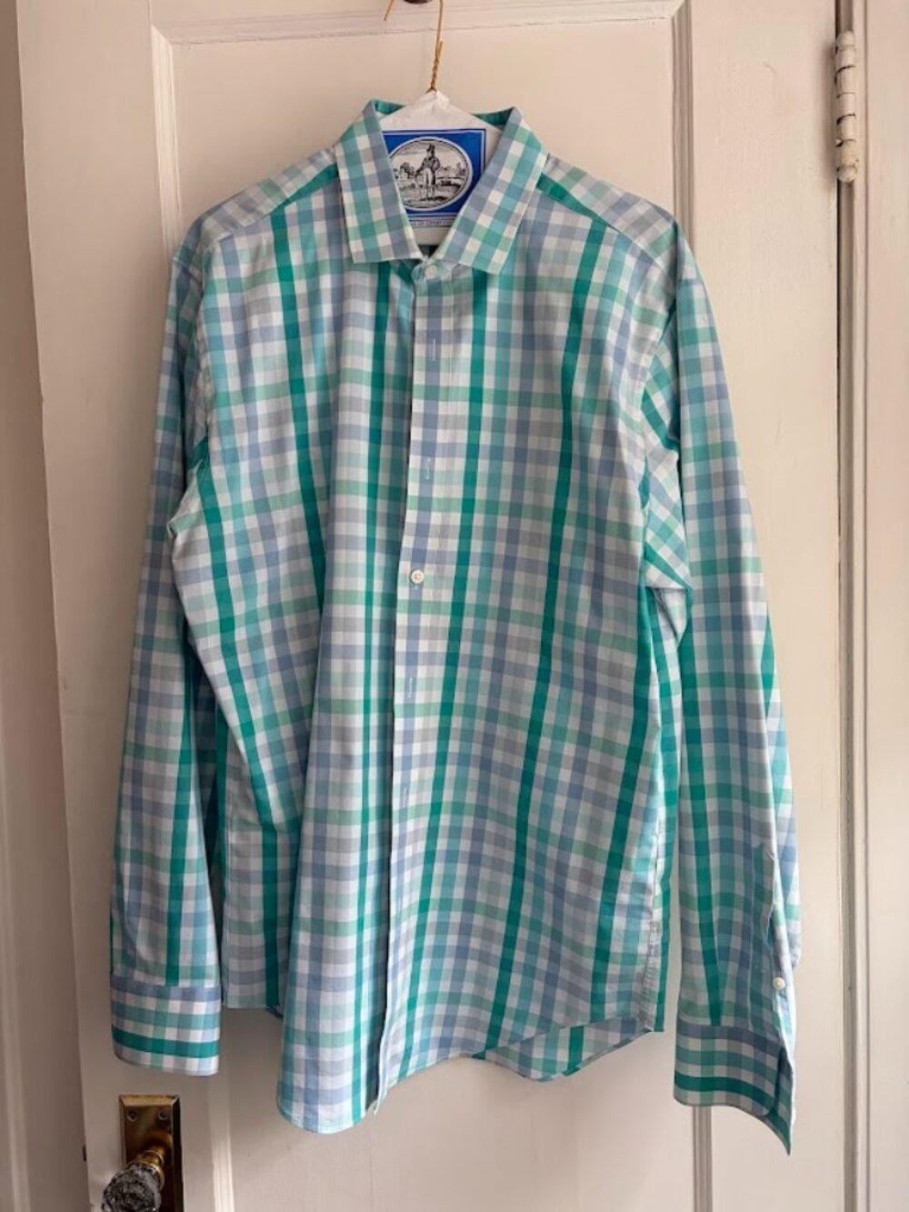 J.CREW Mens Light Blue Gingham Slim Performance Button-Up Long-Sleeve Shirt